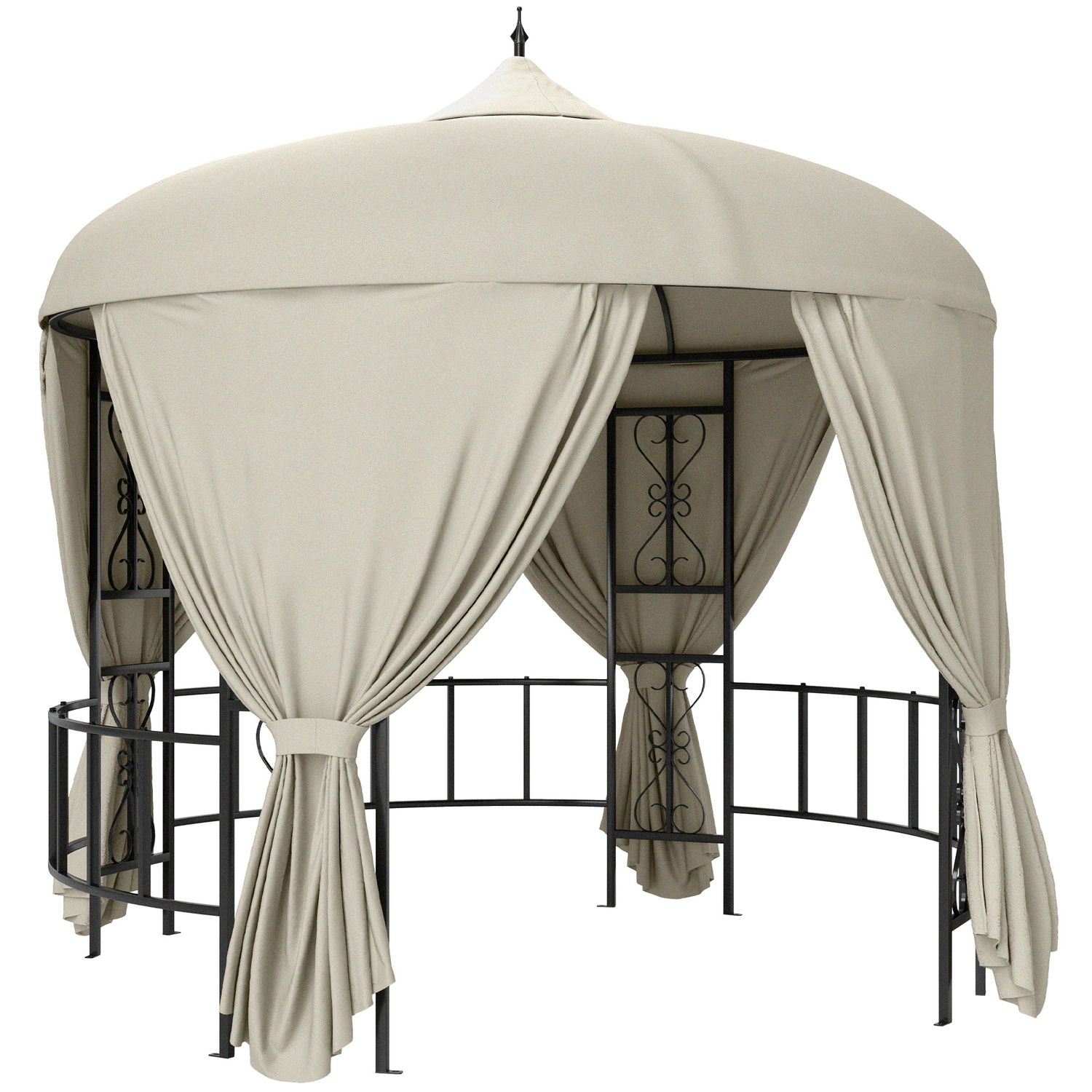 Gazebo da giardino rotondo ø3m con tende e prese d'aria in metallo e poliestere, beige - 