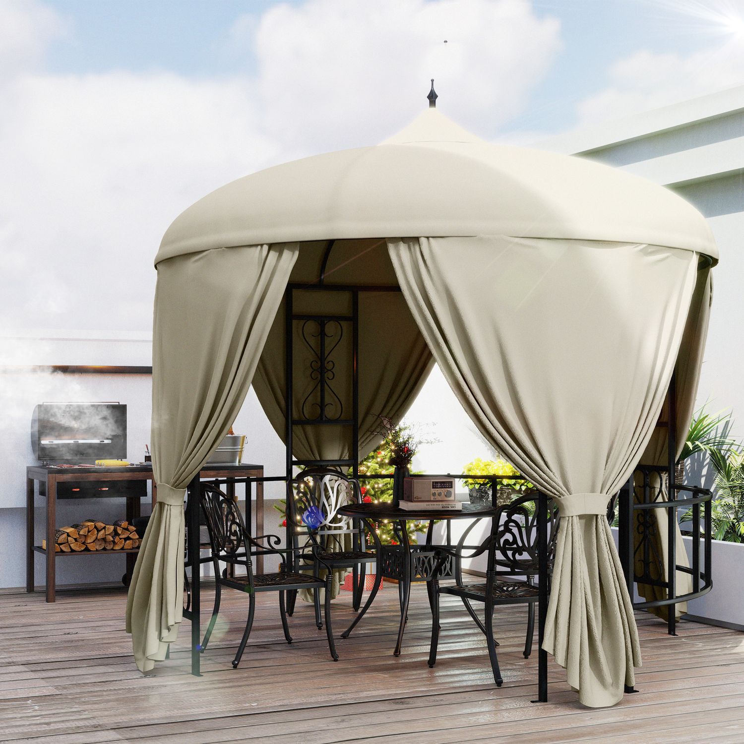 Gazebo da giardino rotondo ø3m con tende e prese d'aria in metallo e poliestere, beige - 