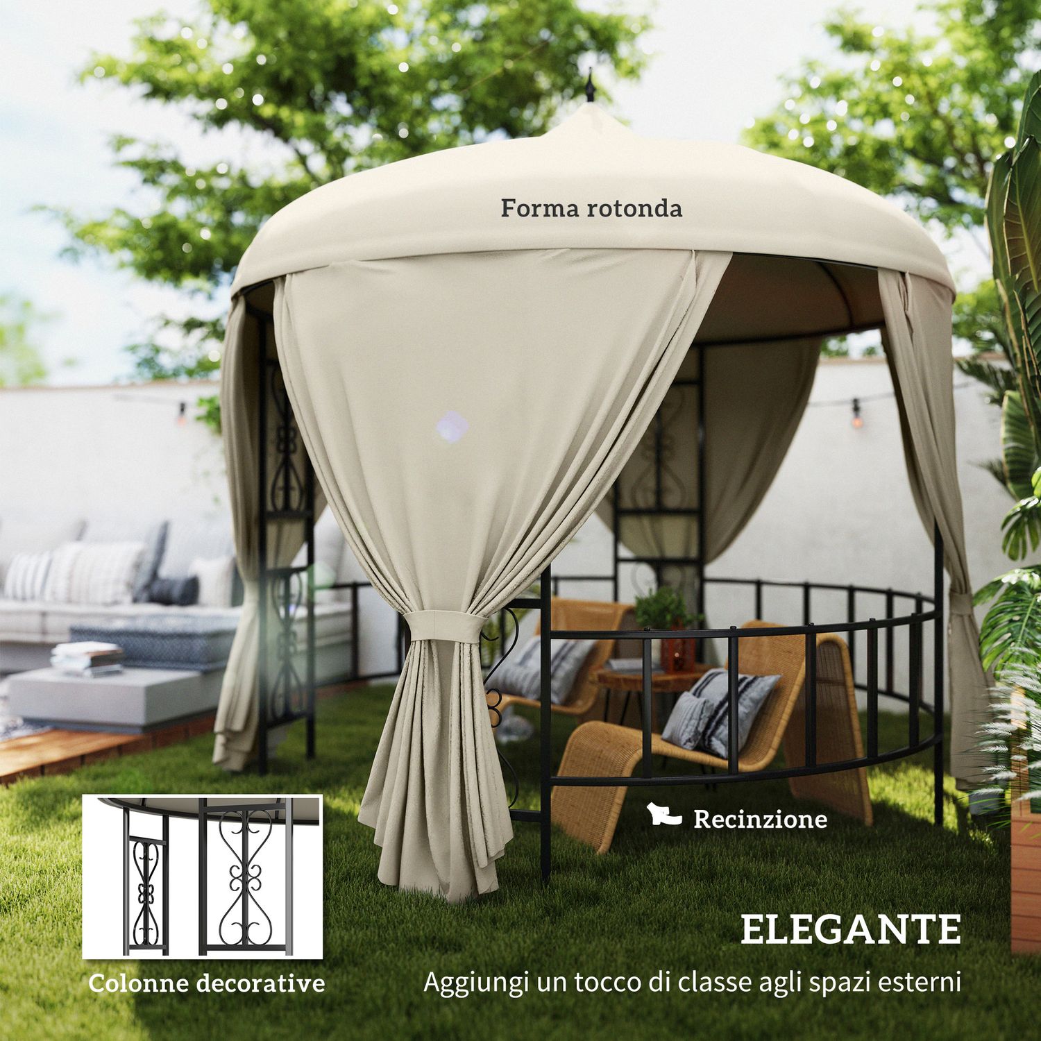 Gazebo da giardino rotondo ø3m con tende e prese d'aria in metallo e poliestere, beige - 