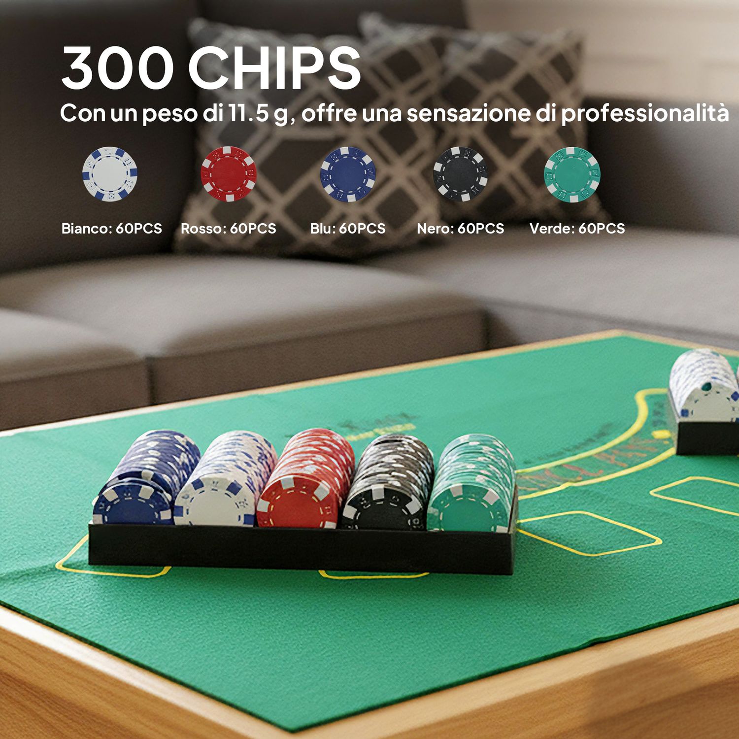 Set poker con 300 fiches, mescolatore e distributore carte, tappetino, 5 dadi, pulsante dealer e valigetta - 