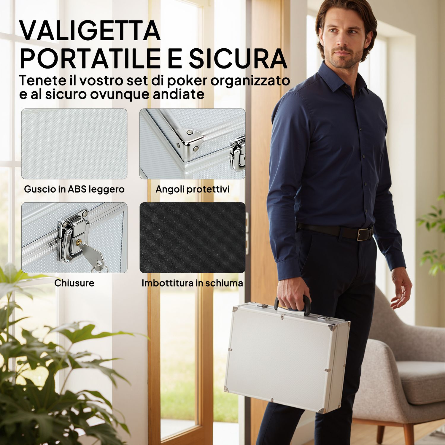 Set poker con 300 fiches, mescolatore e distributore carte, tappetino, 5 dadi, pulsante dealer e valigetta - 