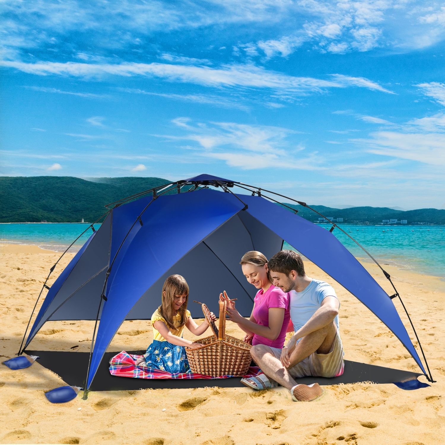 Tenda da spiaggia pop up per 4-6 persone con protezione uv, borsa di trasporto, 247x247x145cm, blu - 