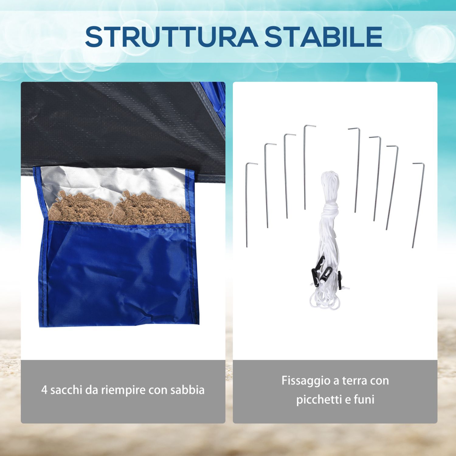 Tenda da spiaggia pop up per 4-6 persone con protezione uv, borsa di trasporto, 247x247x145cm, blu - 
