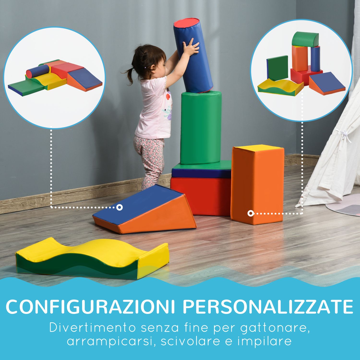 Set 7 blocchi di costruzioni morbide per bambini da 1-3 anni per casa e scuola, multicolore - 