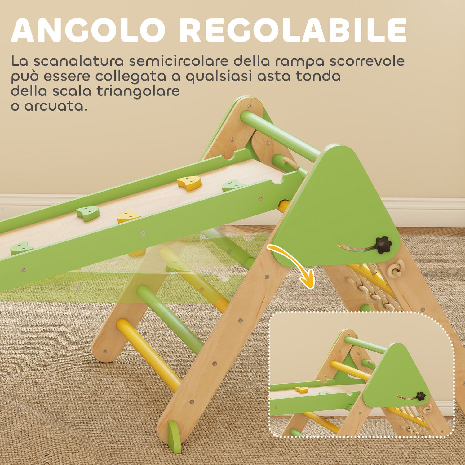 Gioco per bambini 8 in 1 con triangolo, parete liscia e arco, in legno di pioppo e pino, 191.5x74.5x63 cm - 