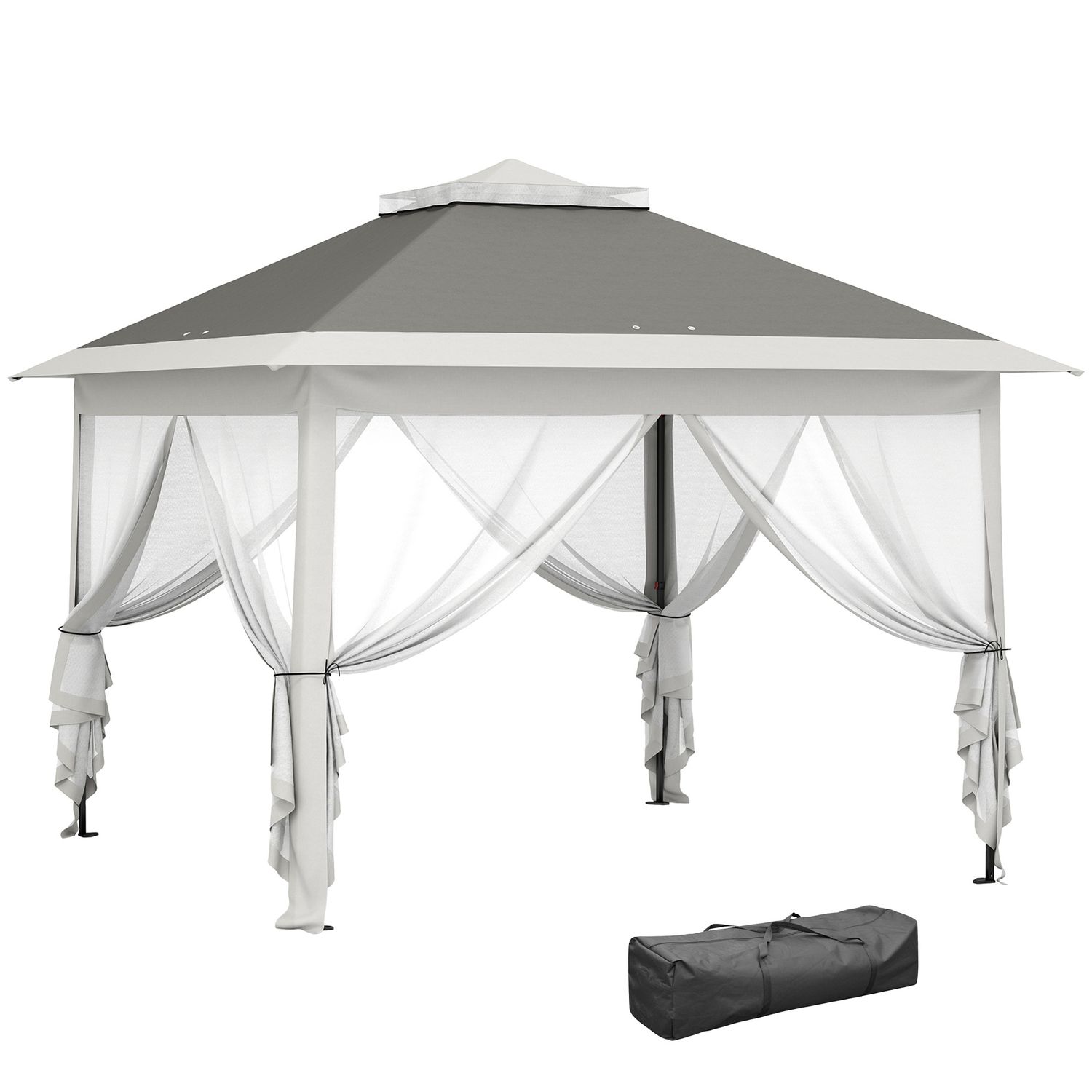 Gazebo da esterno ad altezza regolabile con zanzariere, in metallo e tessuto oxford, 3.3x3.3x2.8 m, grigio scuro - 