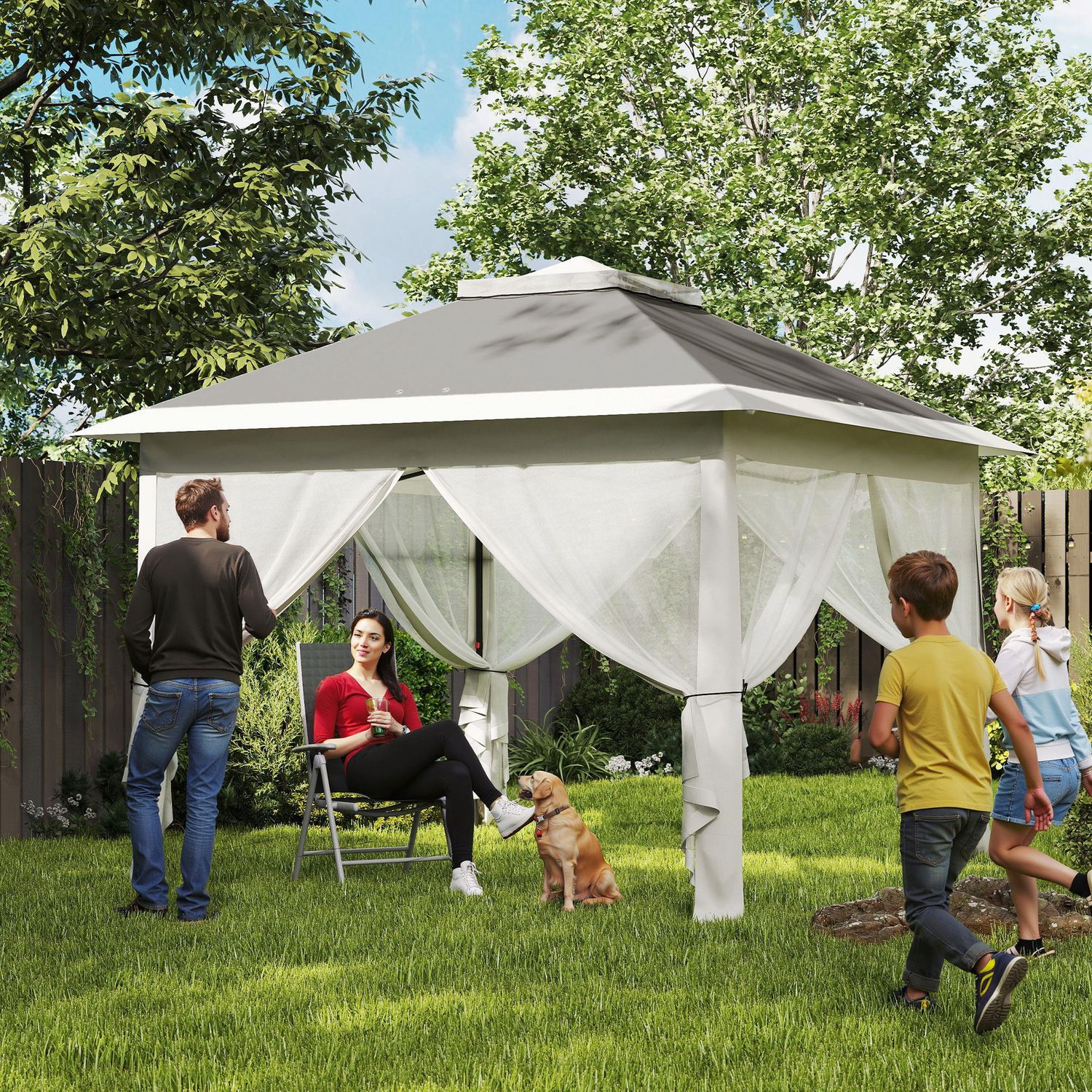 Gazebo da esterno ad altezza regolabile con zanzariere, in metallo e tessuto oxford, 3.3x3.3x2.8 m, grigio scuro - 
