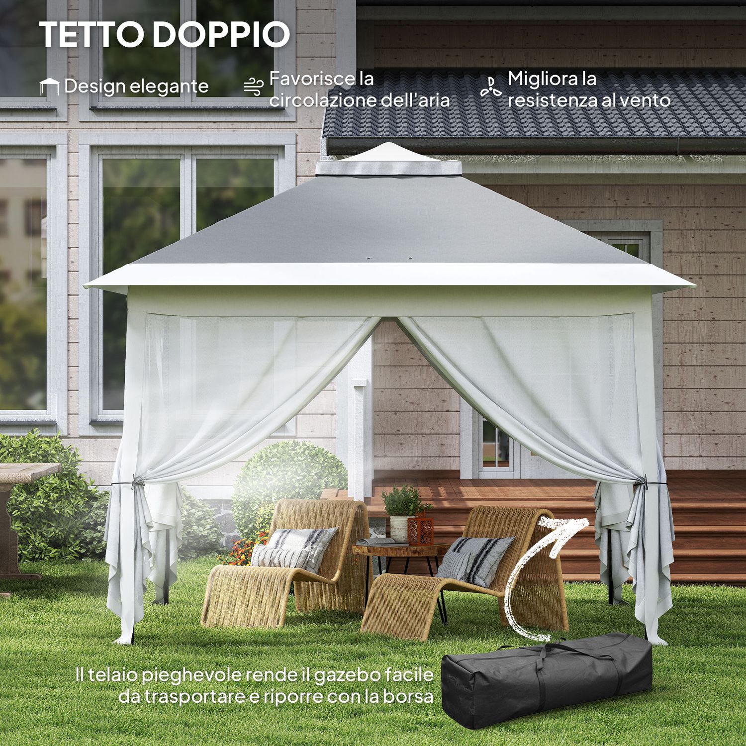 Gazebo da esterno ad altezza regolabile con zanzariere, in metallo e tessuto oxford, 3.3x3.3x2.8 m, grigio scuro - 