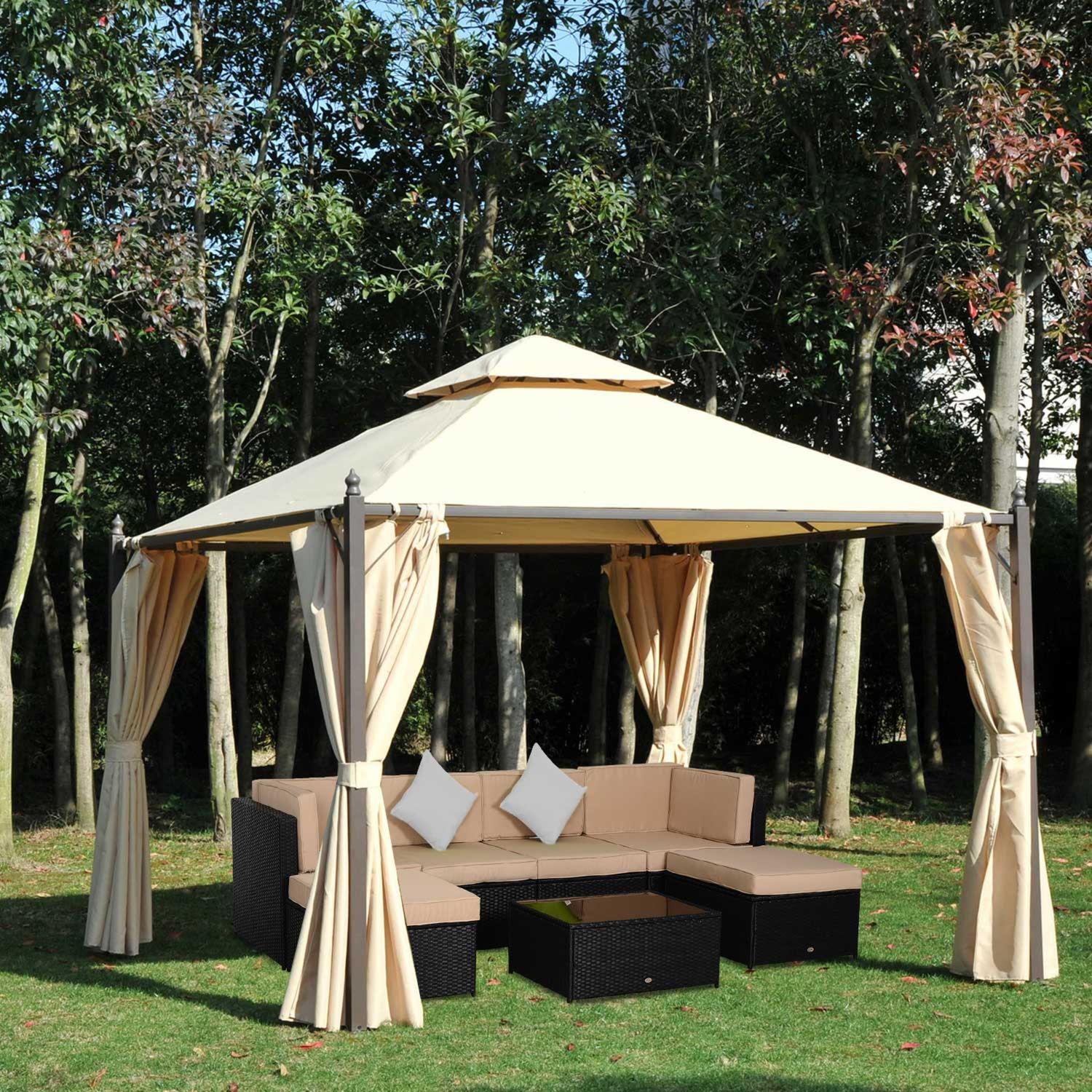 Gazebo da giardino 3 x 3m con 4 tende laterali e doppio tetto beige - 