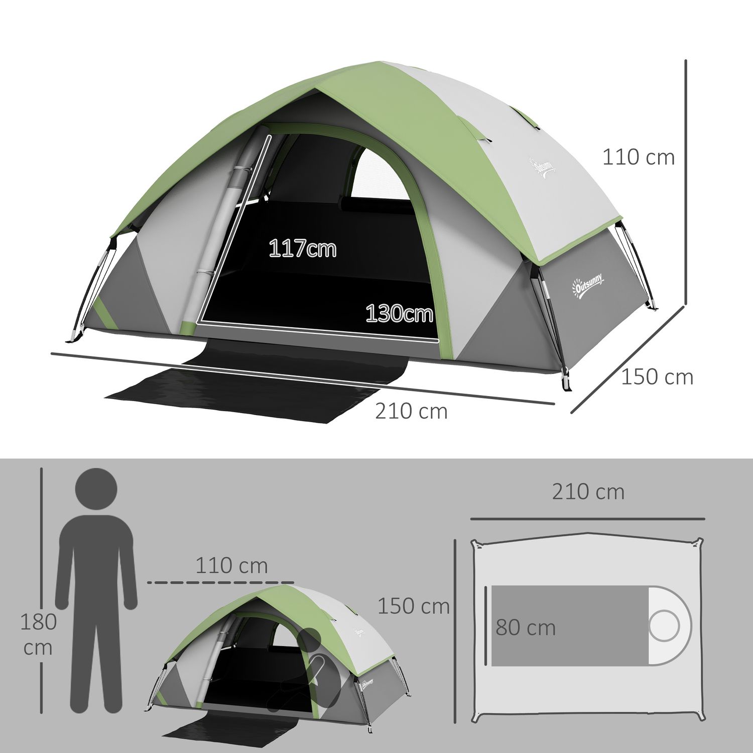 Tenda da campeggio 2 posti con finestra a rete, in poliestere, fibra di vetro e pe, 210x150x110 cm, grigio e verde - 
