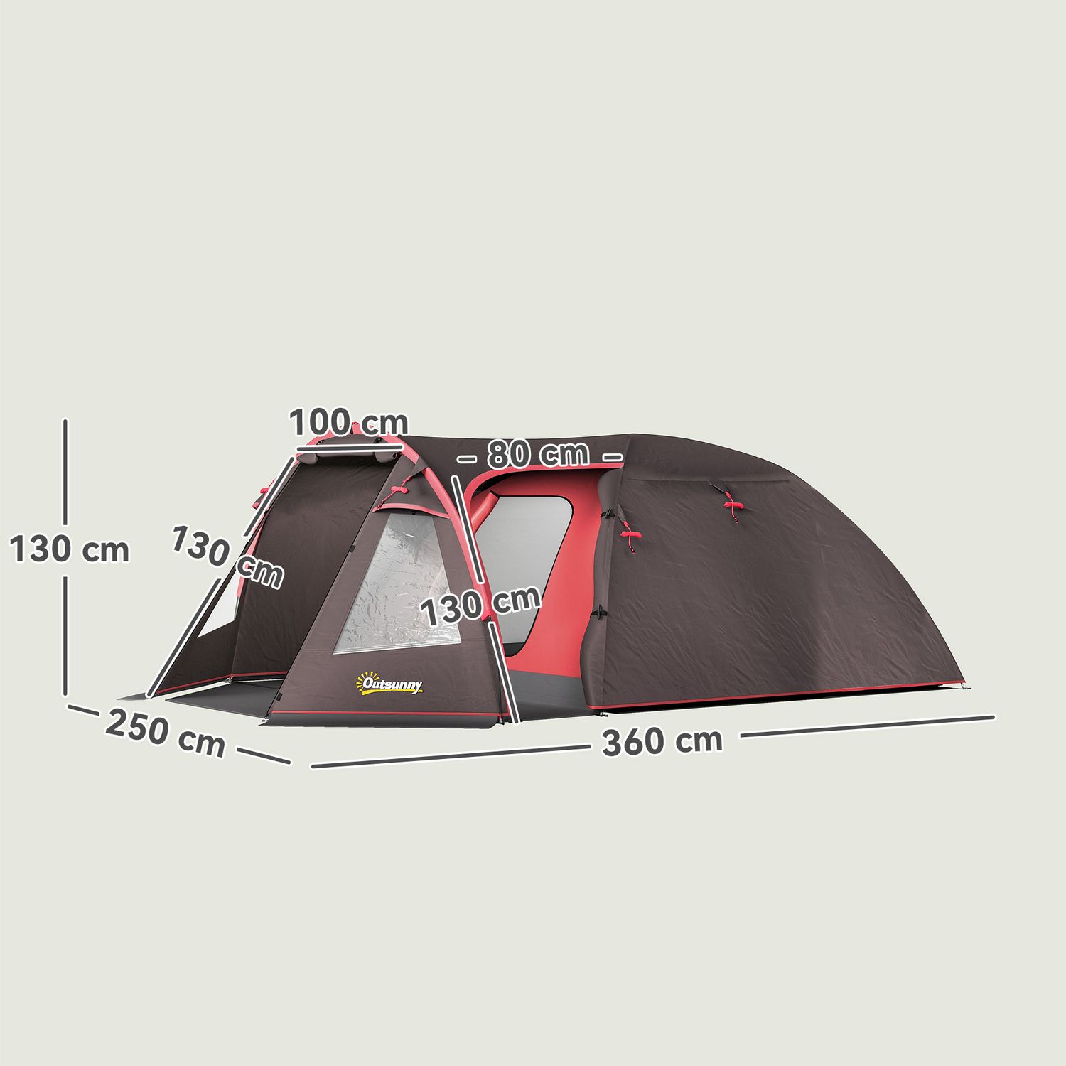 Tenda da campeggio da 2-4 persone con stanze separate, impermeabile con doppie porte, grigio - 