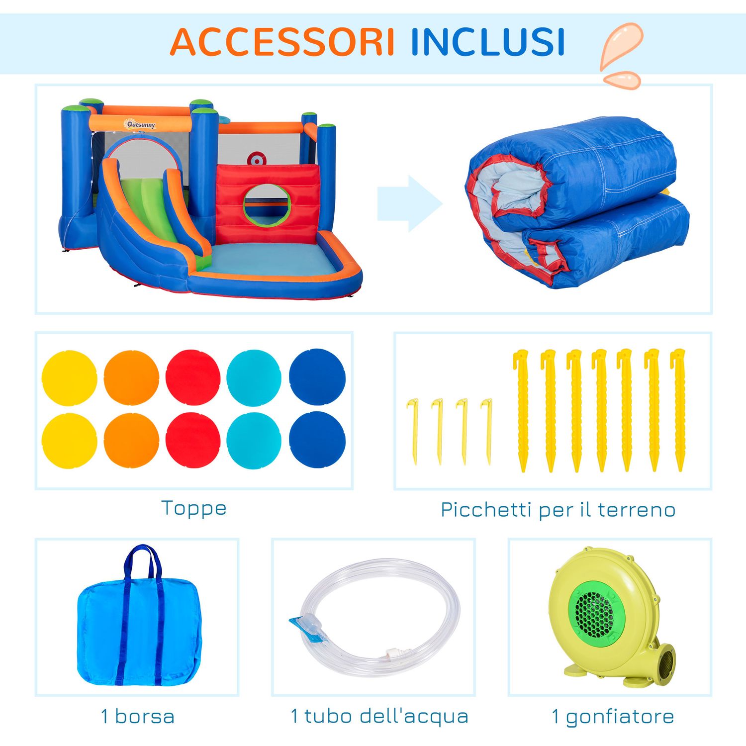 Castello gonfiabile per bambini 3-8 anni con scivolo, trampolino e piscina, 380x340x170cm - 