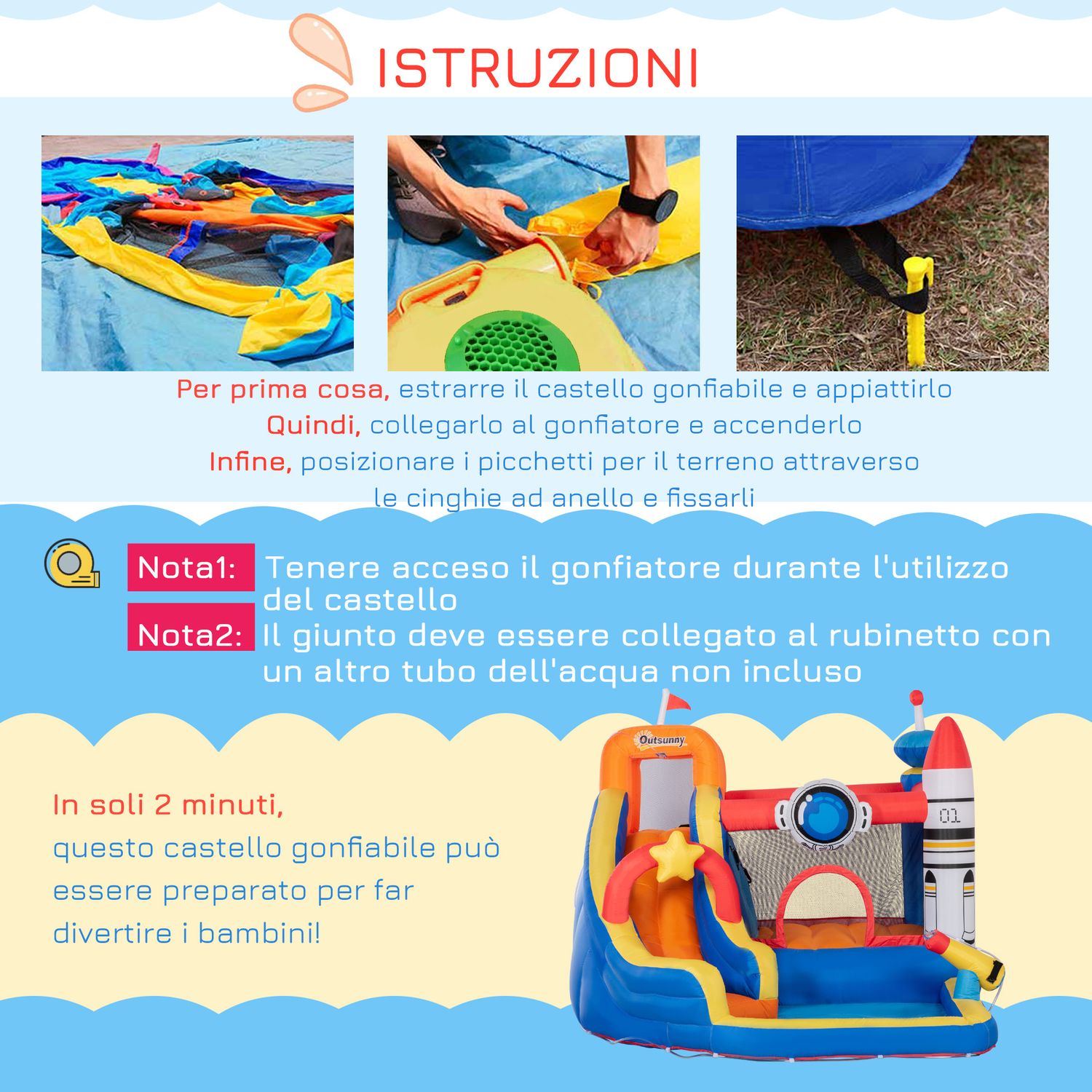 Gioco gonfiabile per bambini 3-8 anni a tema spazio con borsa, 11 paletti e toppe inclusi, 340x270x227 cm - 