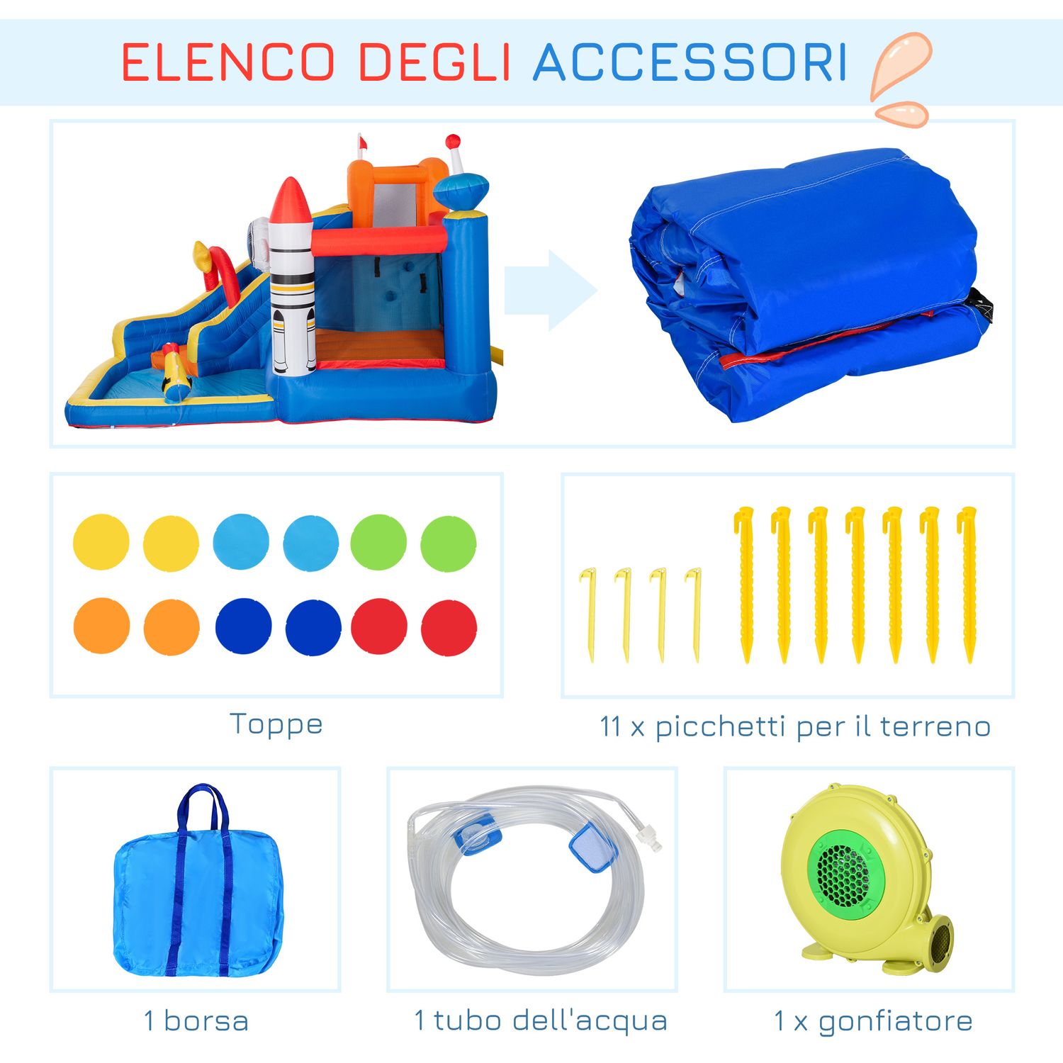 Gioco gonfiabile per bambini 3-8 anni a tema spazio con borsa, 11 paletti e toppe inclusi, 340x270x227 cm - 