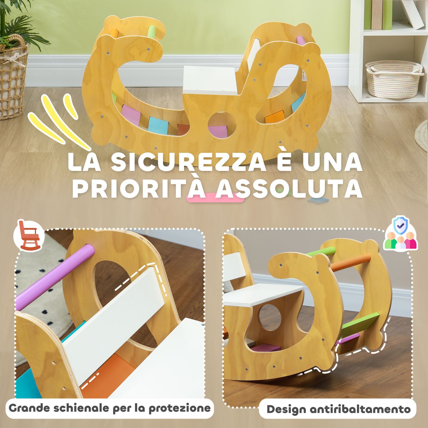 Gioco per bambini 2 in 1 arco montessoriano e sedia a dondolo per uso interno, in legno di pino, 91x41x48 cm - 