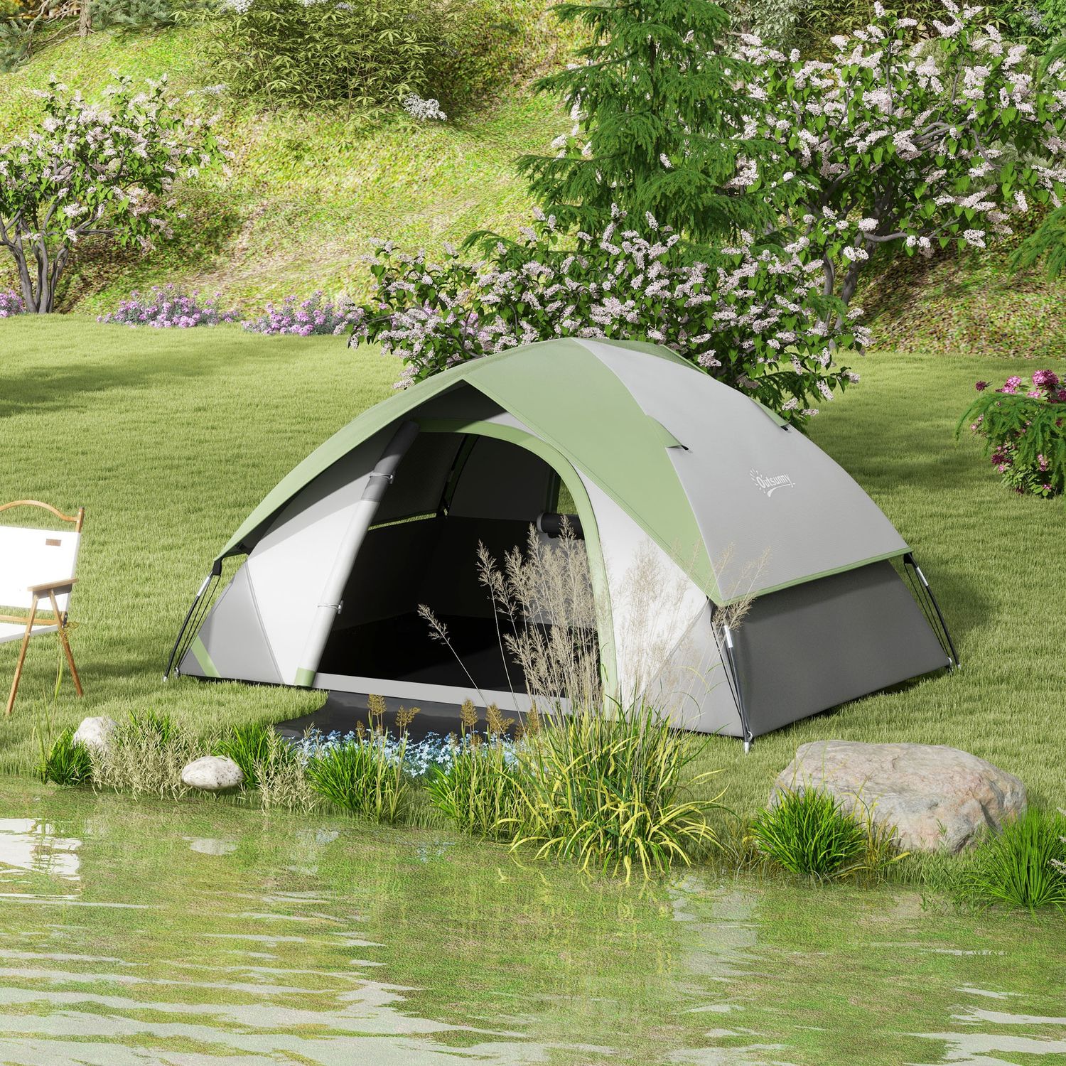 Tenda da campeggio 2 posti con finestra a rete, in poliestere, fibra di vetro e pe, 210x150x110 cm, grigio e verde - 