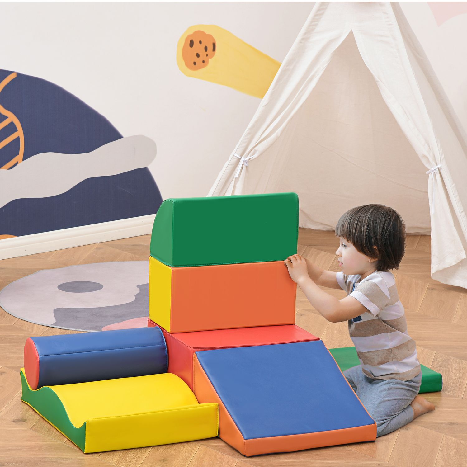 Set 7 blocchi di costruzioni morbide per bambini da 1-3 anni per casa e scuola, multicolore - 