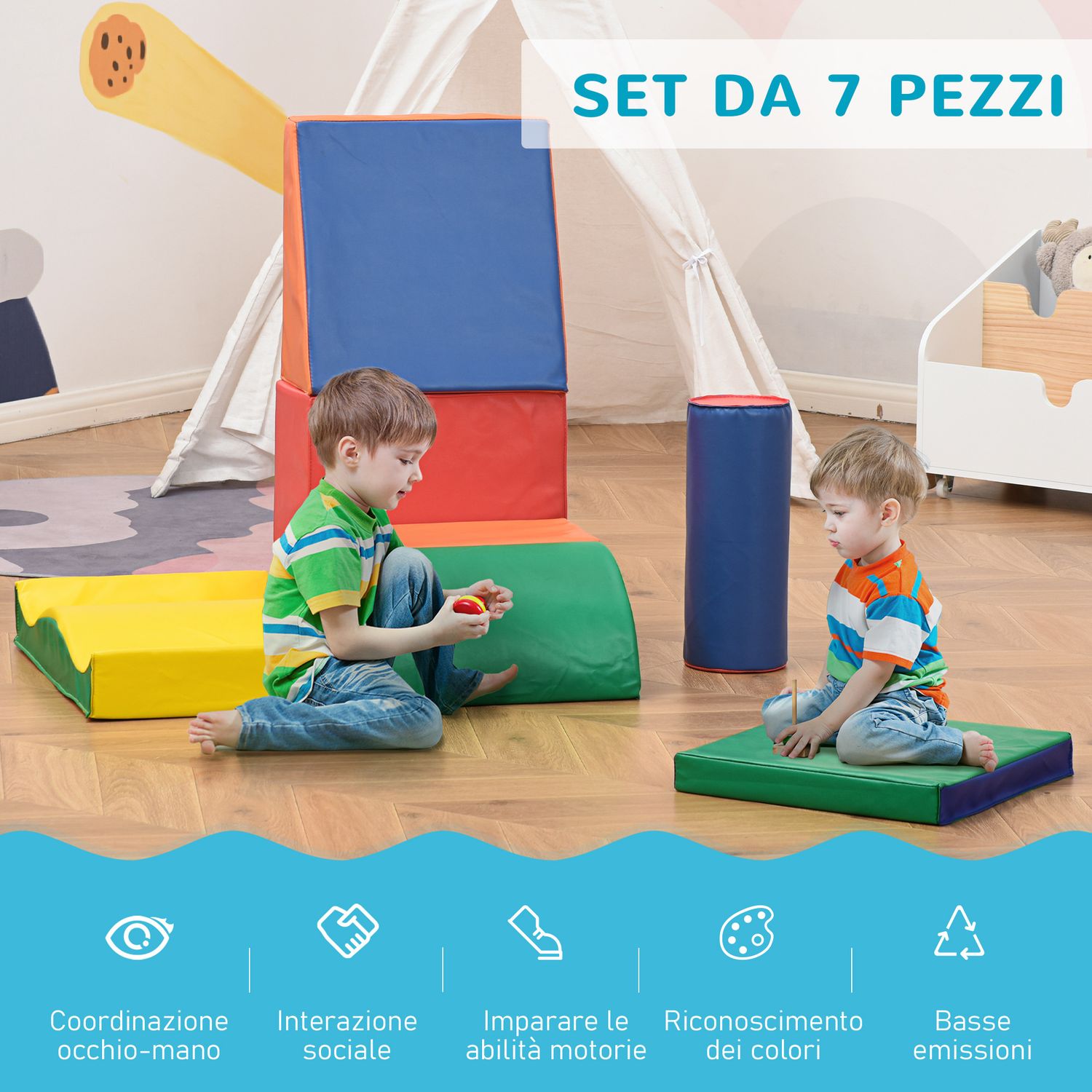 Set 7 blocchi di costruzioni morbide per bambini da 1-3 anni per casa e scuola, multicolore - 