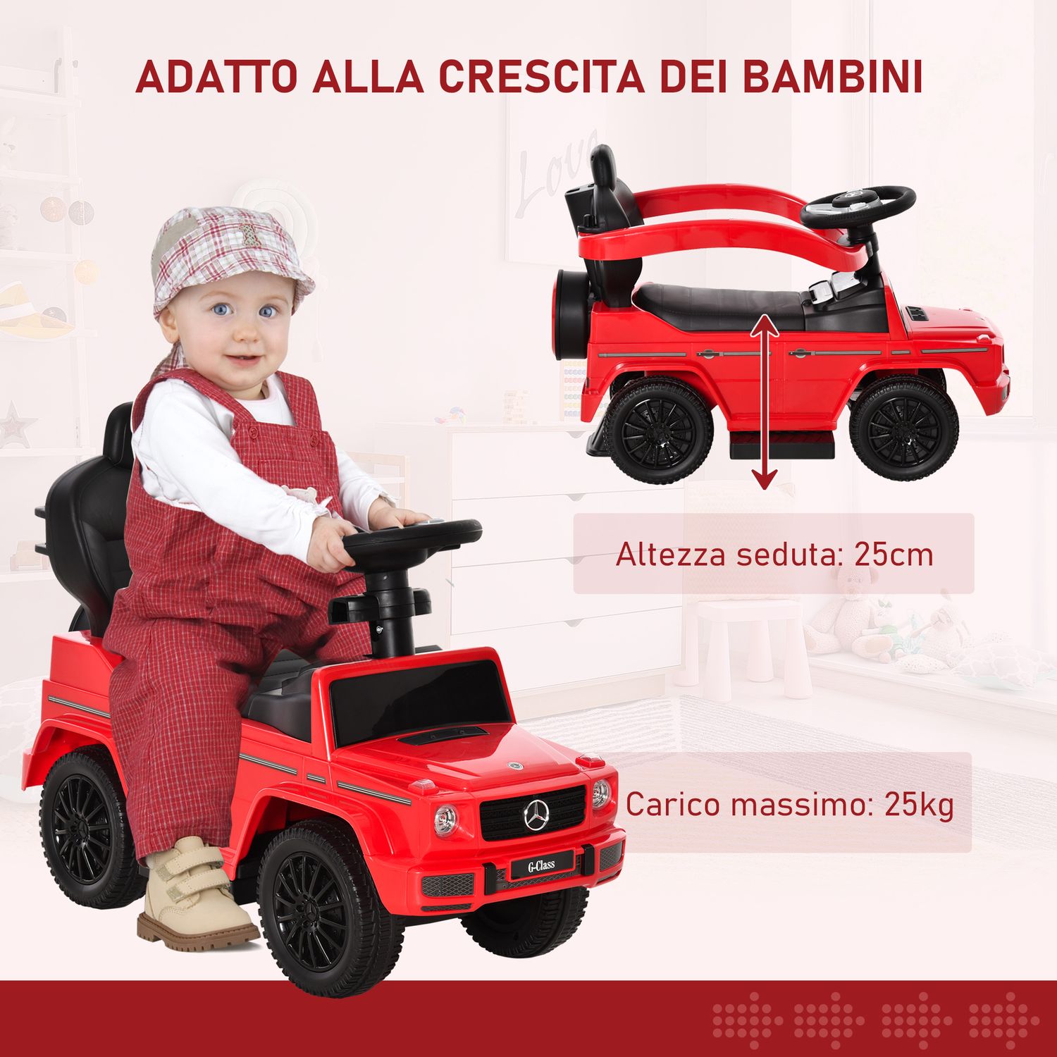 Macchina a spinta per bambini 12-36 mesi con licenza mercedes, tettuccio e maniglia, 85.5x40.5x95 cm, rosso - 