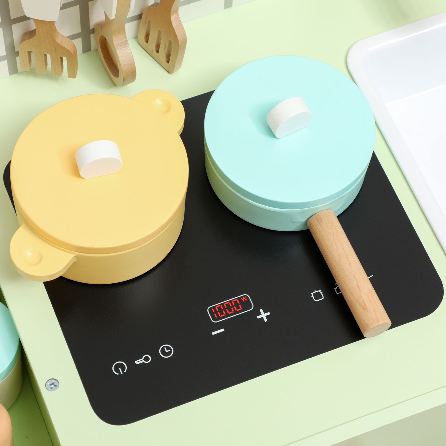 Set cucina giocattolo in legno per bambini da 3+ anni con 15 accessori, verde - 