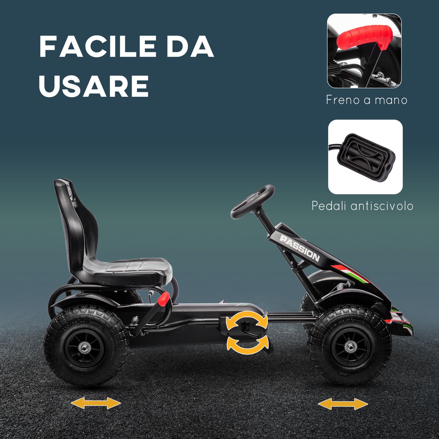 Go kart a pedali per bambini 5-12 anni in pp e metallo nero con sedile regolabile e freno a mano, 121x58x61 cm - 