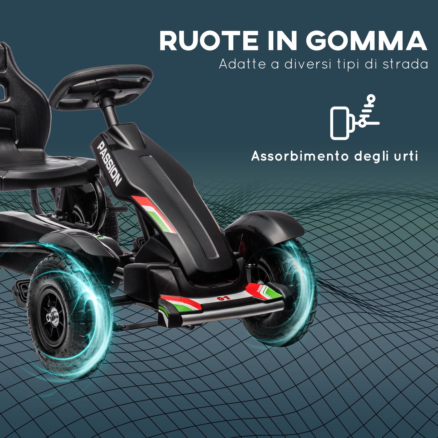 Go kart a pedali per bambini 5-12 anni in pp e metallo nero con sedile regolabile e freno a mano, 121x58x61 cm - 