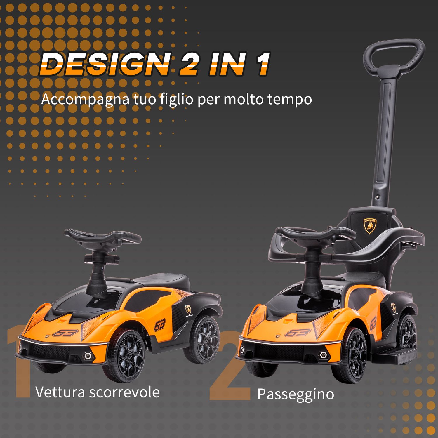 Macchinina per bambini 2 in 1 con maniglione e barriera di sicurezza, 86.5x40x89.5 cm, arancione e nero - 