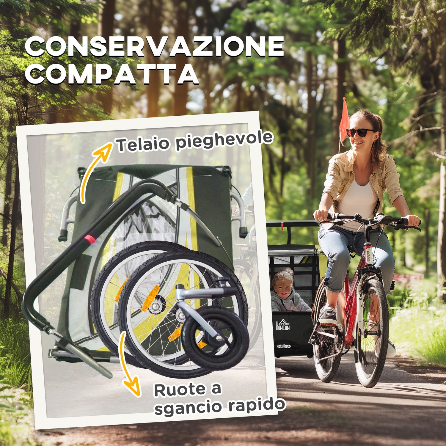 Rimorchio bici 2-in-1 per bimbi/passeggino con freno, cintura 5 punti, tasche, catarifrangenti, bandierina. giallo - 