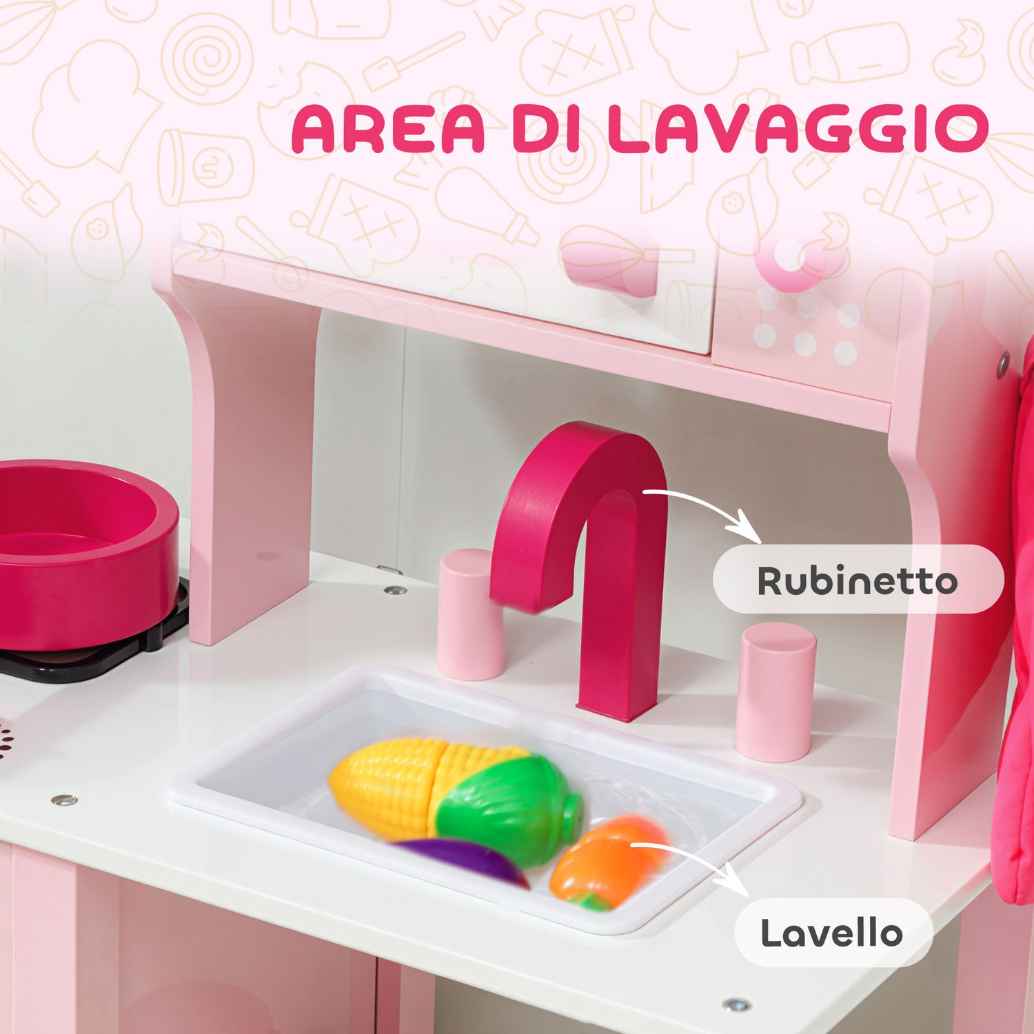Cucina giocattolo per bambini 3+ anni con microonde, piano cottura e lavandino, in legno, 55x24x86 cm, rosa - 