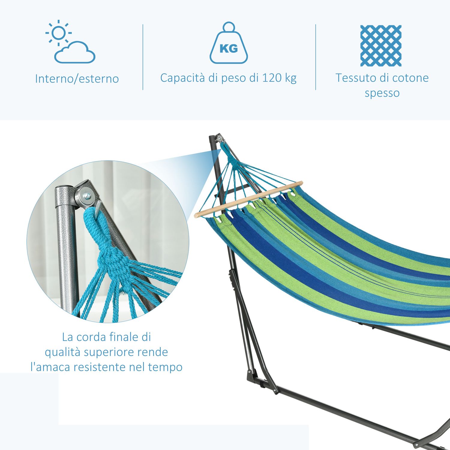 Supporto con amaca autoportante pieghevole in cotone e acciaio, 270x100x94cm - 