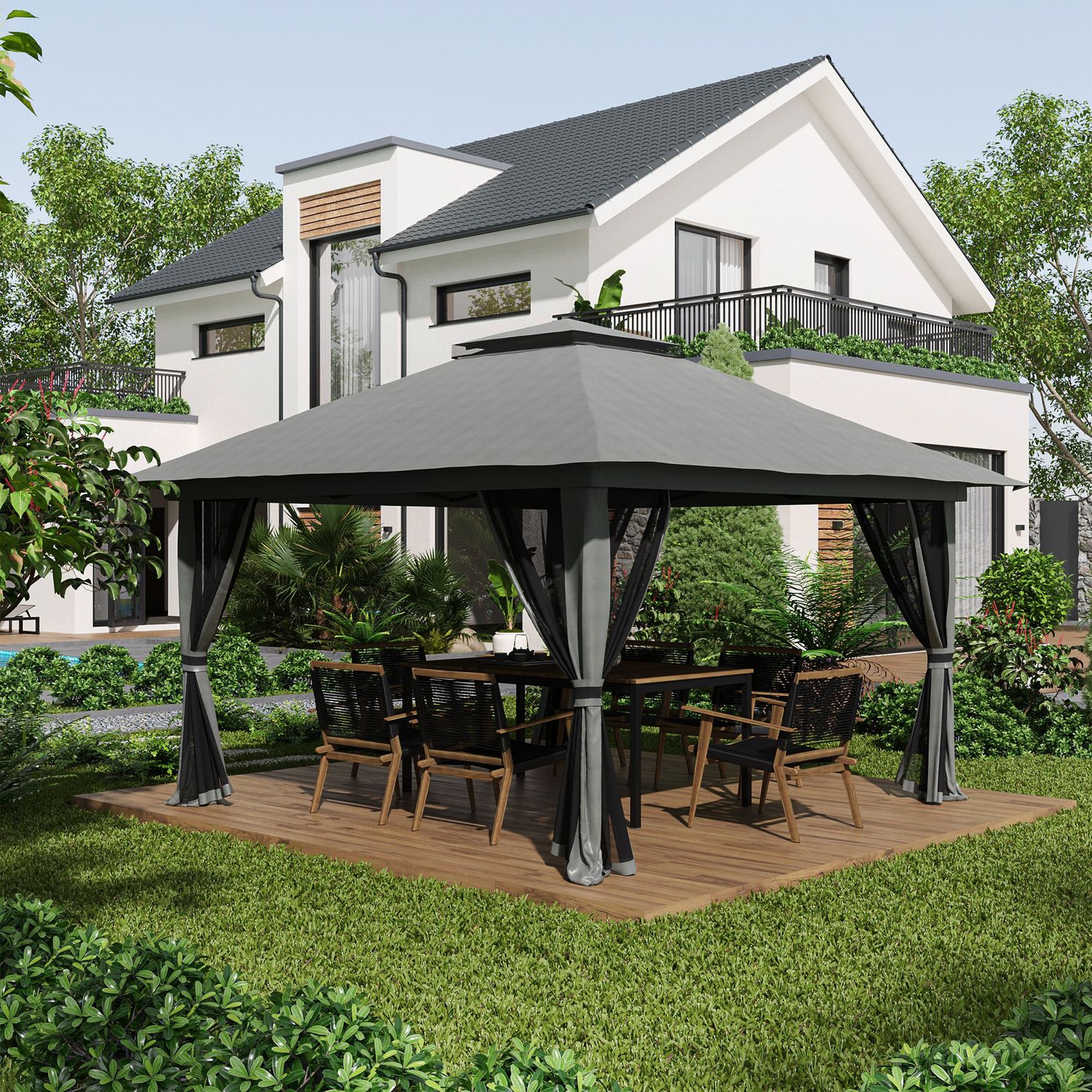 Gazebo pieghevole 4x4 con borsa da trasporto, picchetti, funi e sacchi di sabbia inclusi, 392x392x283 cm, grigio - 