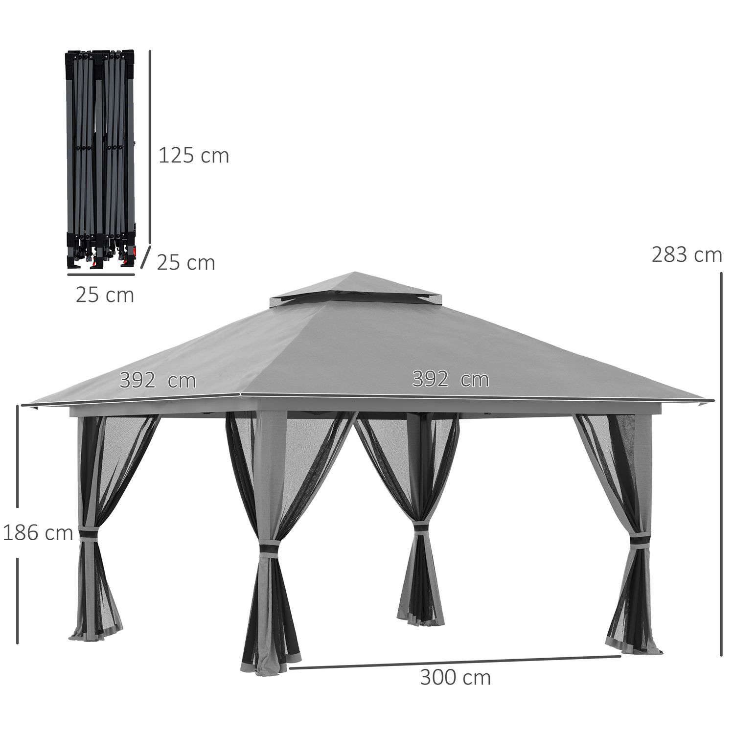 Gazebo pieghevole 4x4 con borsa da trasporto, picchetti, funi e sacchi di sabbia inclusi, 392x392x283 cm, grigio - 