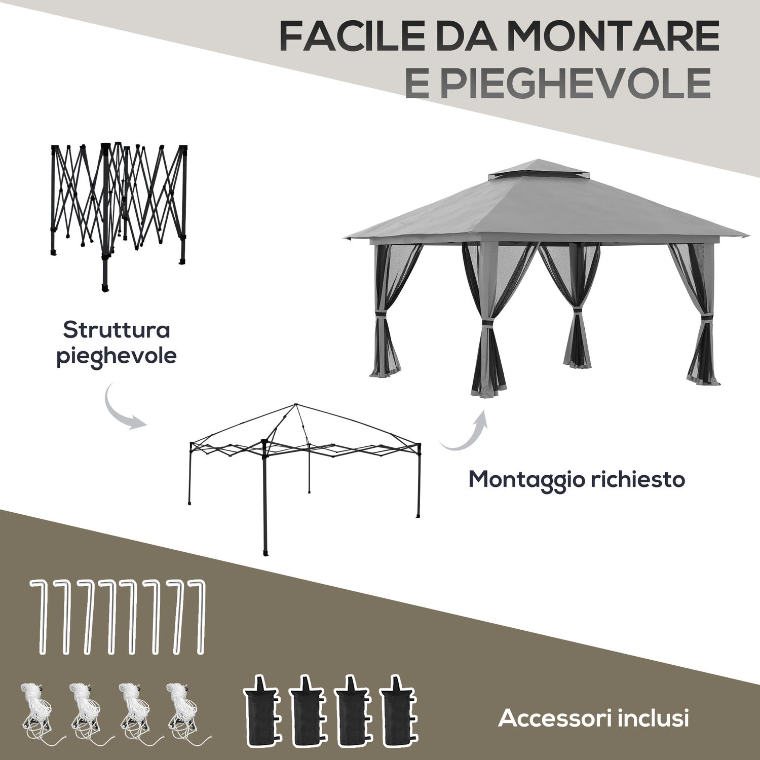 Gazebo pieghevole 4x4 con borsa da trasporto, picchetti, funi e sacchi di sabbia inclusi, 392x392x283 cm, grigio - 