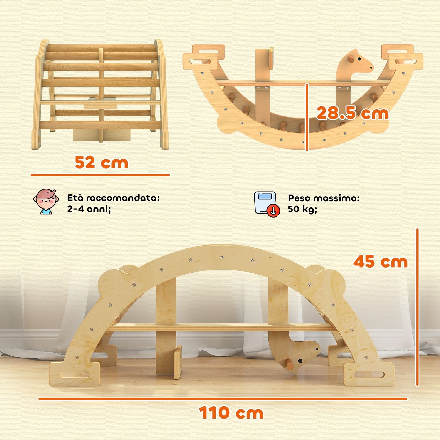 Arco montessori in legno per bambini 2-4 anni convertibile in dondolo 110x52x45 cm, color legno - 