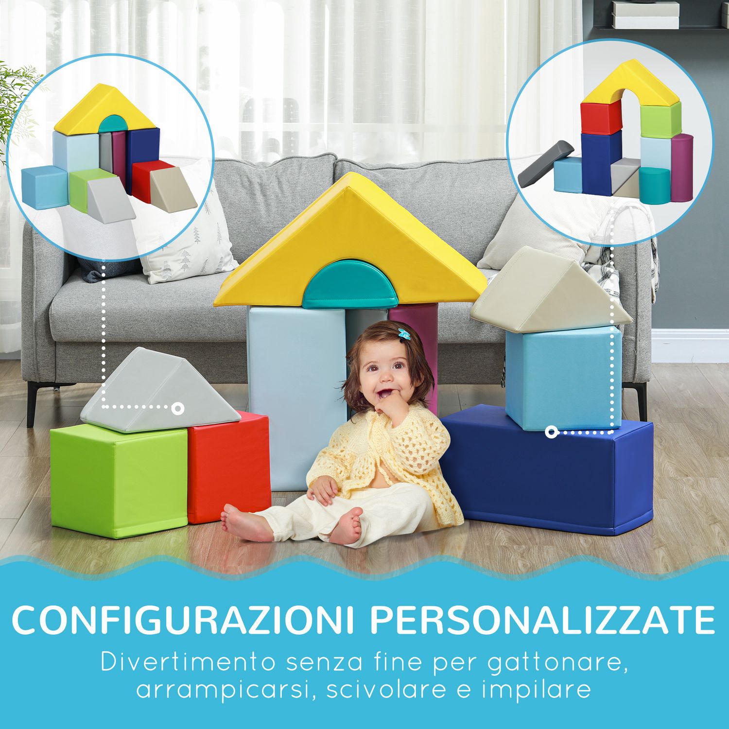 Set costruzioni morbide per bambini 1-3 anni con 11 forme in pu e epe multicolore - 