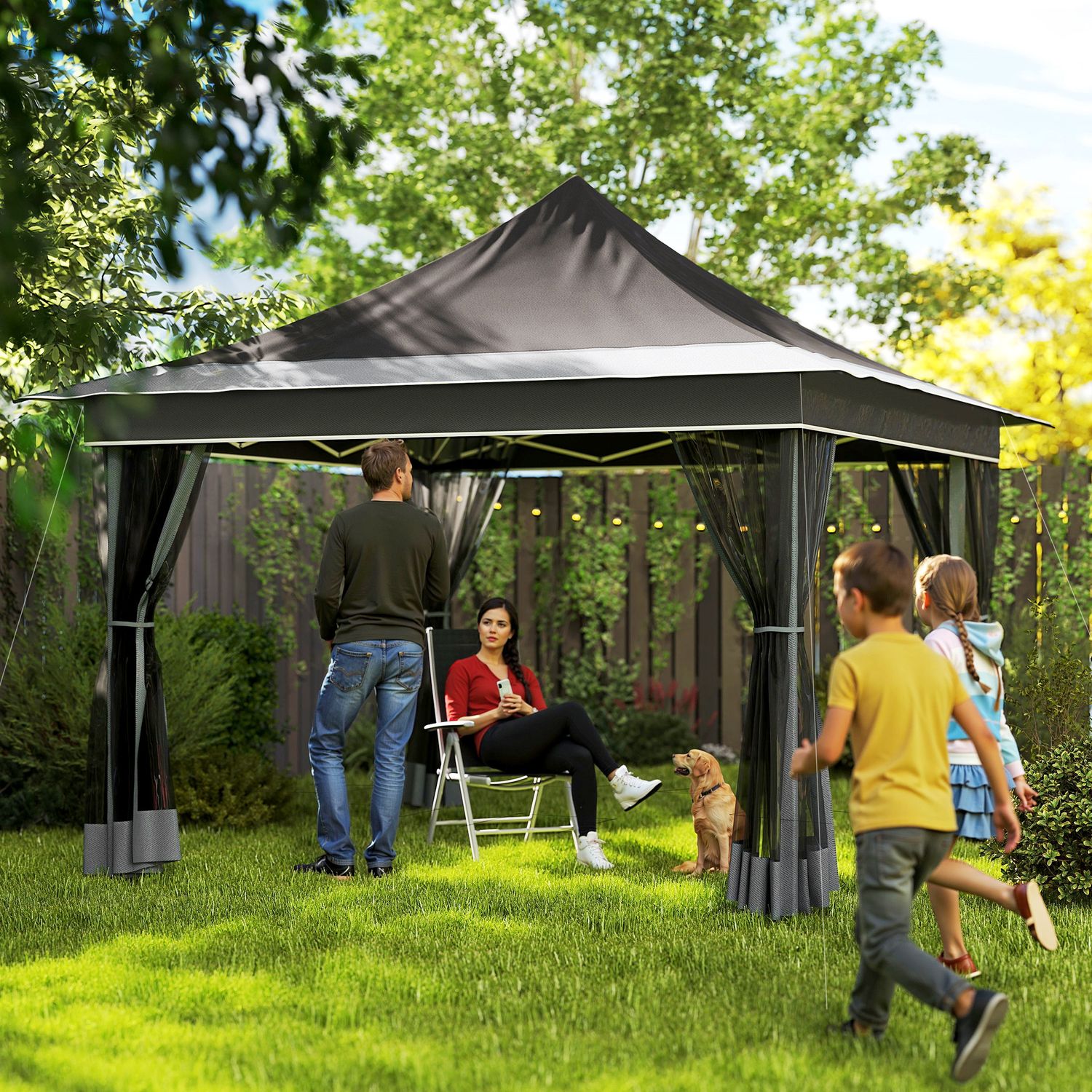 Gazebo da giardino ad altezza regolabile con zanzariera, in poliestere e metallo, 357x357x310 cm, grigio scuro - 