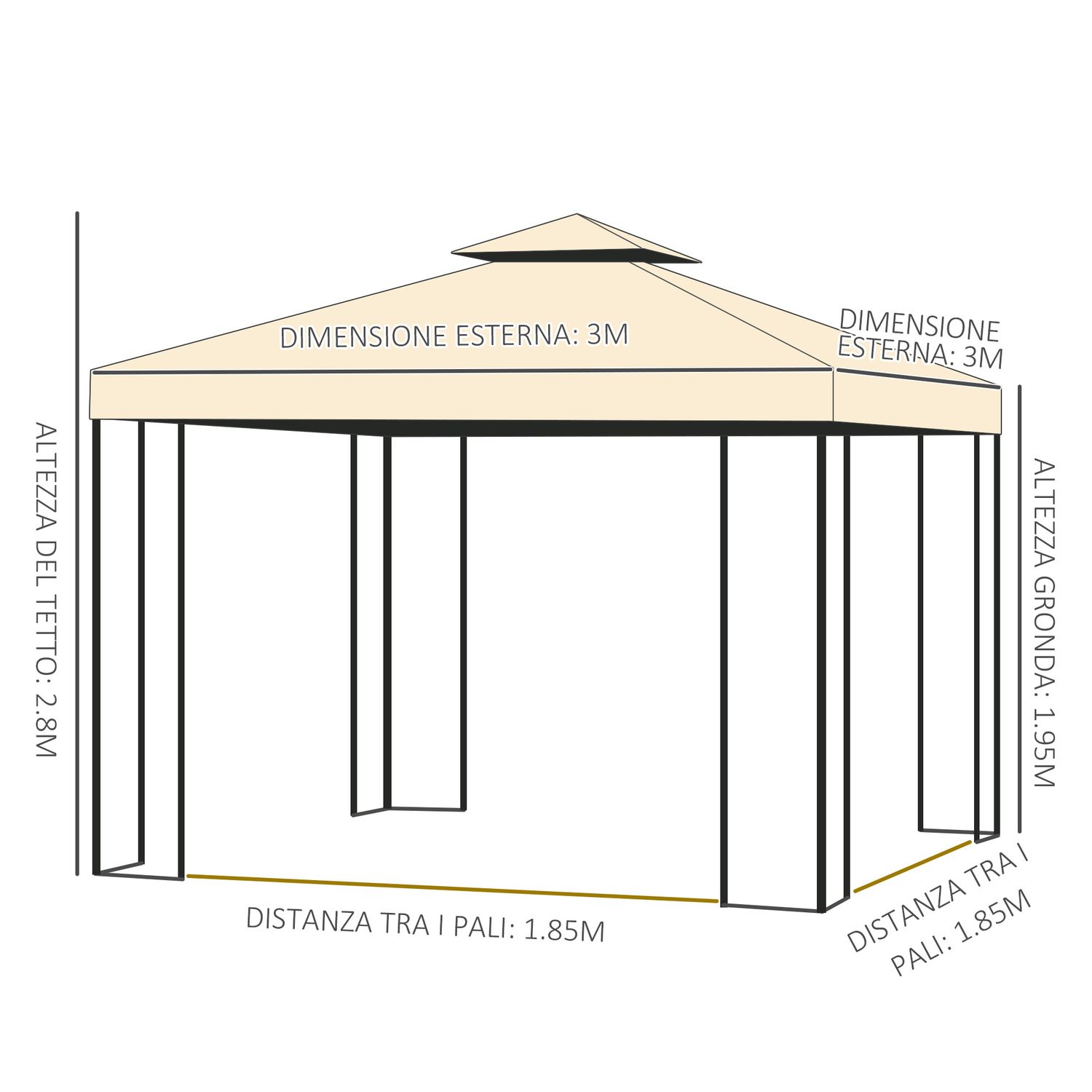 Gazebo da giardino 3x3m con zanzariera, telaio in acciaio e doppio tettuccio, beige - 