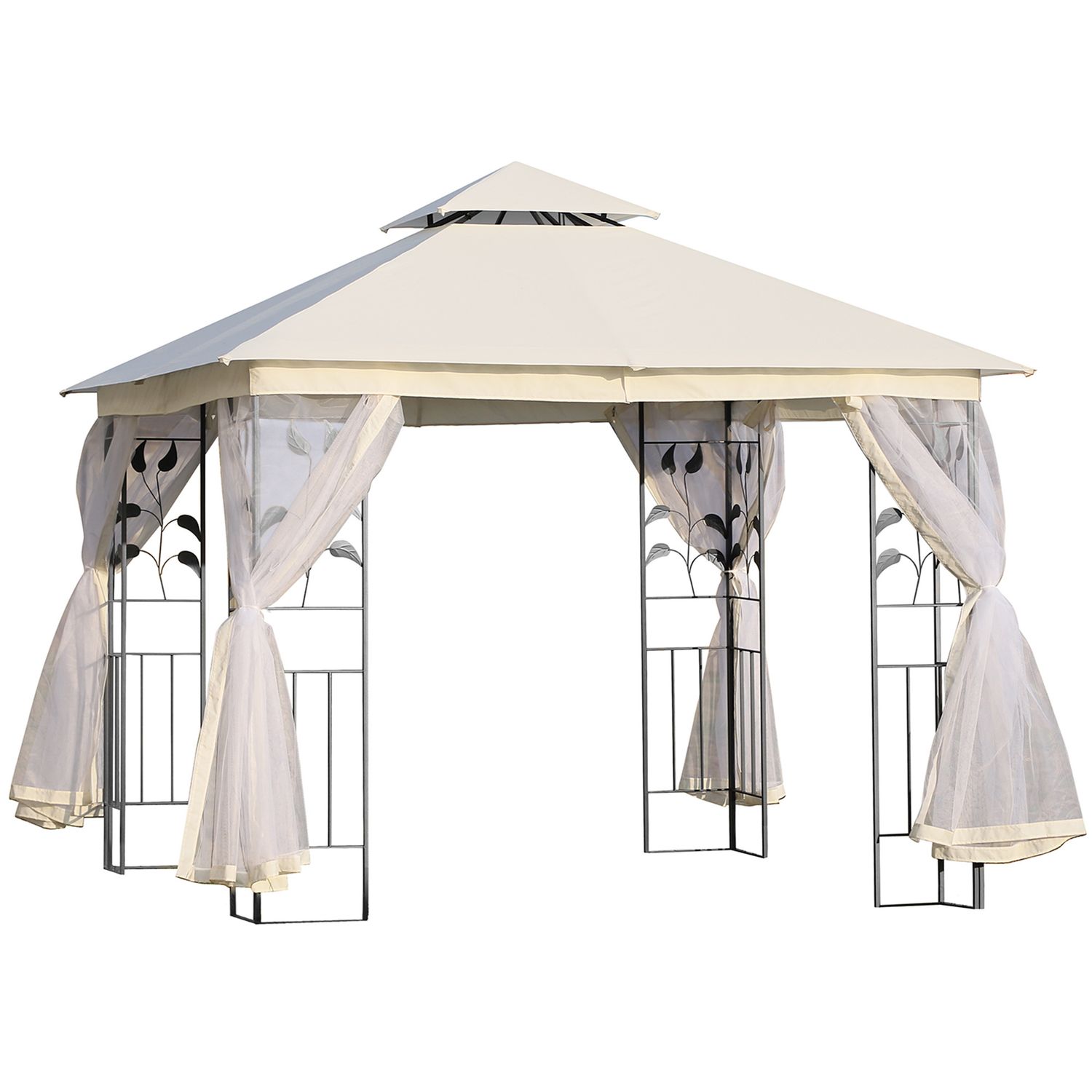 Gazebo da giardino 3x3m con zanzariera, telaio in acciaio e doppio tettuccio, bianco - 