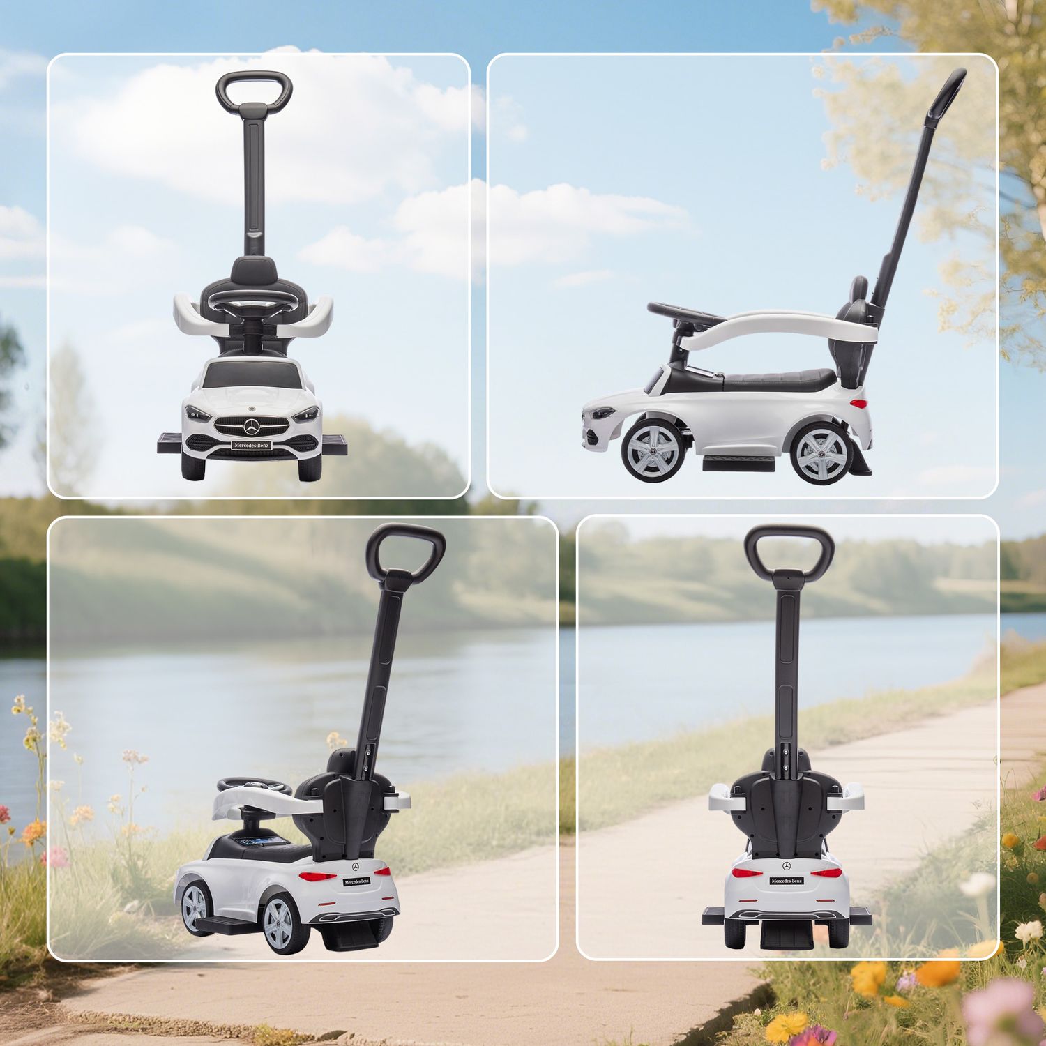 Macchina cavalcabile per bambini 1-3 anni convertibile in passeggino con licenza mercedes, 91x40x83 cm, bianco - 
