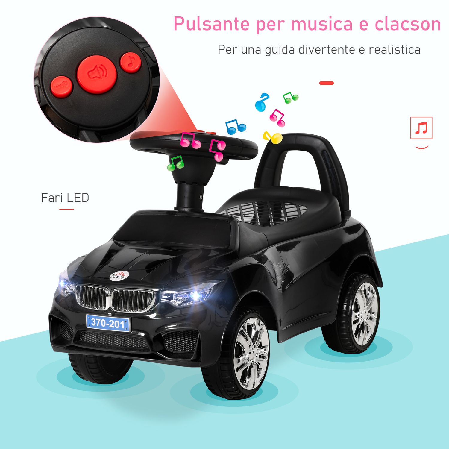 Macchinina per bambini cavalcabile con volante, fari e musiche integrate, in pp e metallo, 63.5x28x36 cm, nero - 
