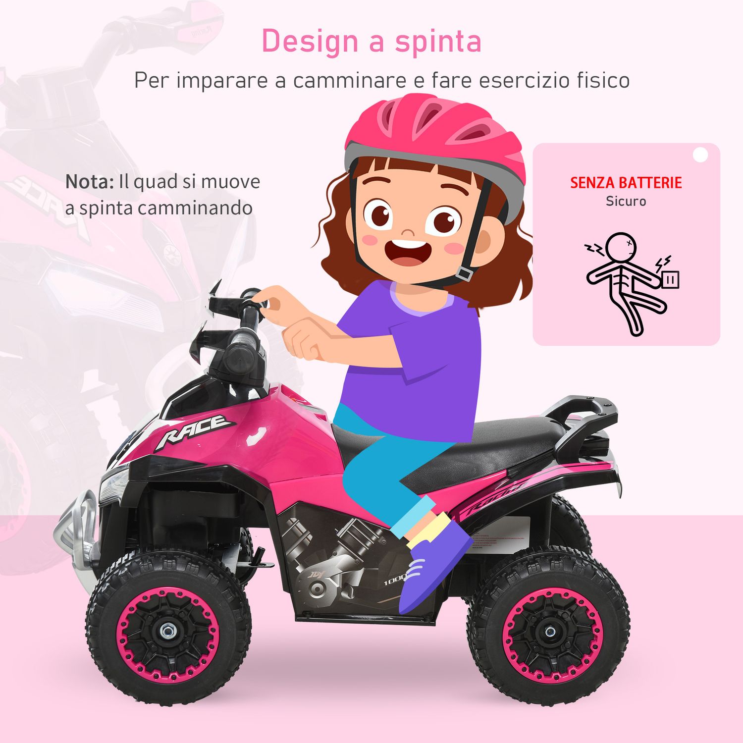 Mini quad per bambini 18-36 mesi a spinta manuale con musiche integrate e ampio manubrio, moto per bambini in pp e metallo, 67.5x38x44 cm, rosa - 