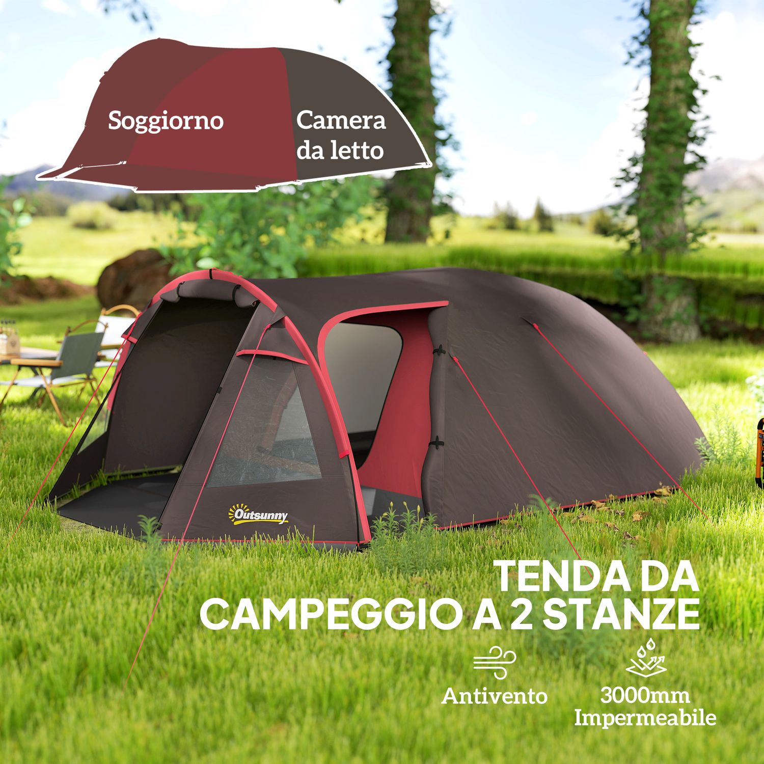 Tenda da campeggio da 2-4 persone con stanze separate, impermeabile con doppie porte, grigio - 