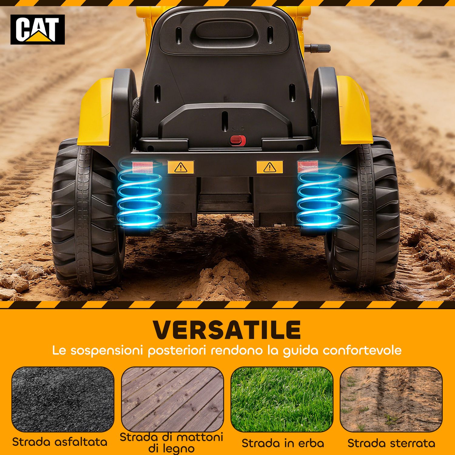 Ruspa elettrica per bambini 3-6 anni marchio ufficiale caterpillar 12v con telecomando, giallo - 