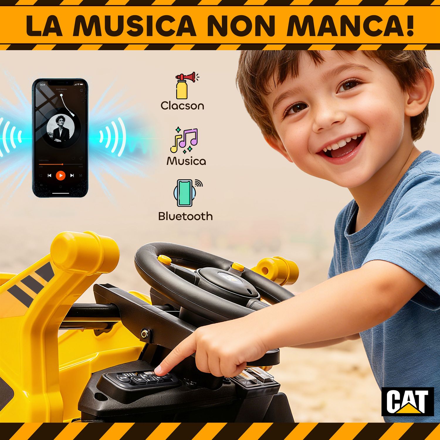 Ruspa elettrica per bambini 3-6 anni marchio ufficiale caterpillar 12v con telecomando, giallo - 