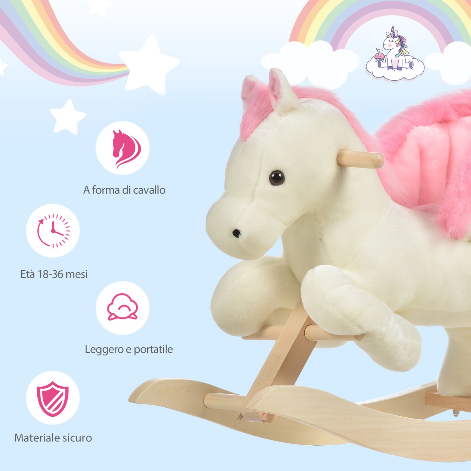 Cavallo a dondolo bianco e rosa con suoni e struttura in legno di pioppo per bambini 18-36 mesi, 70x28x57cm - 