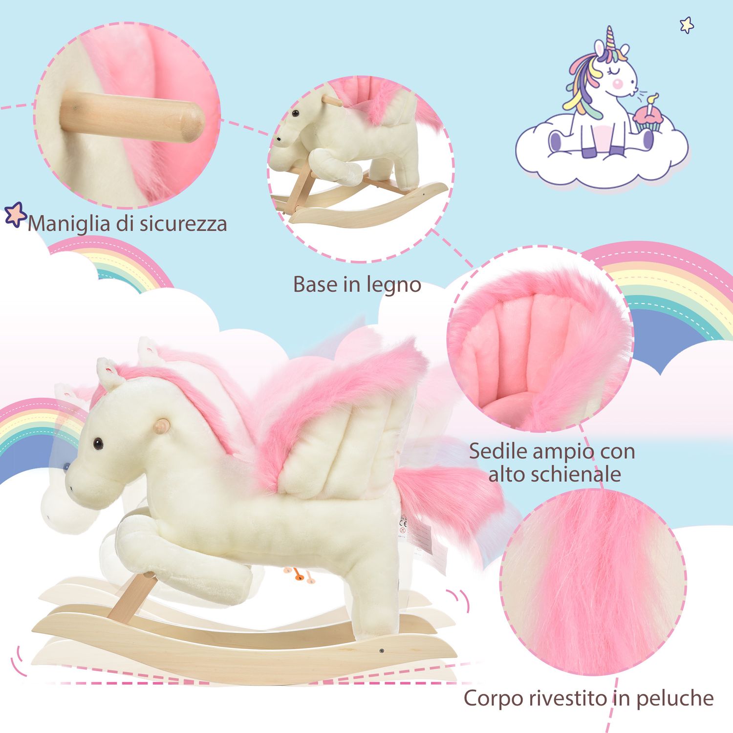Cavallo a dondolo bianco e rosa con suoni e struttura in legno di pioppo per bambini 18-36 mesi, 70x28x57cm - 