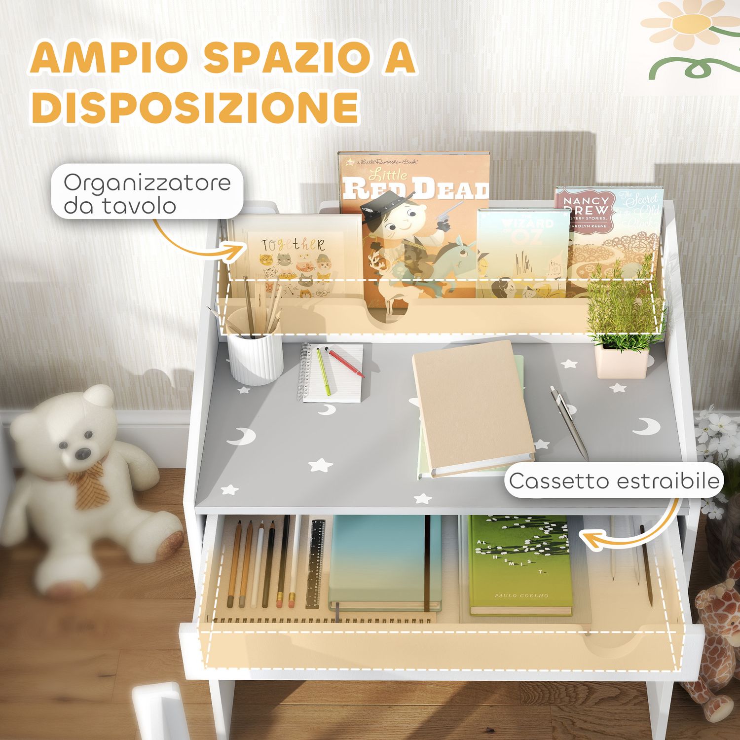 Set sedia e tavolino per bambini 3-6 anni con organizzatore e cassetto estraibile, in legno grigio - 