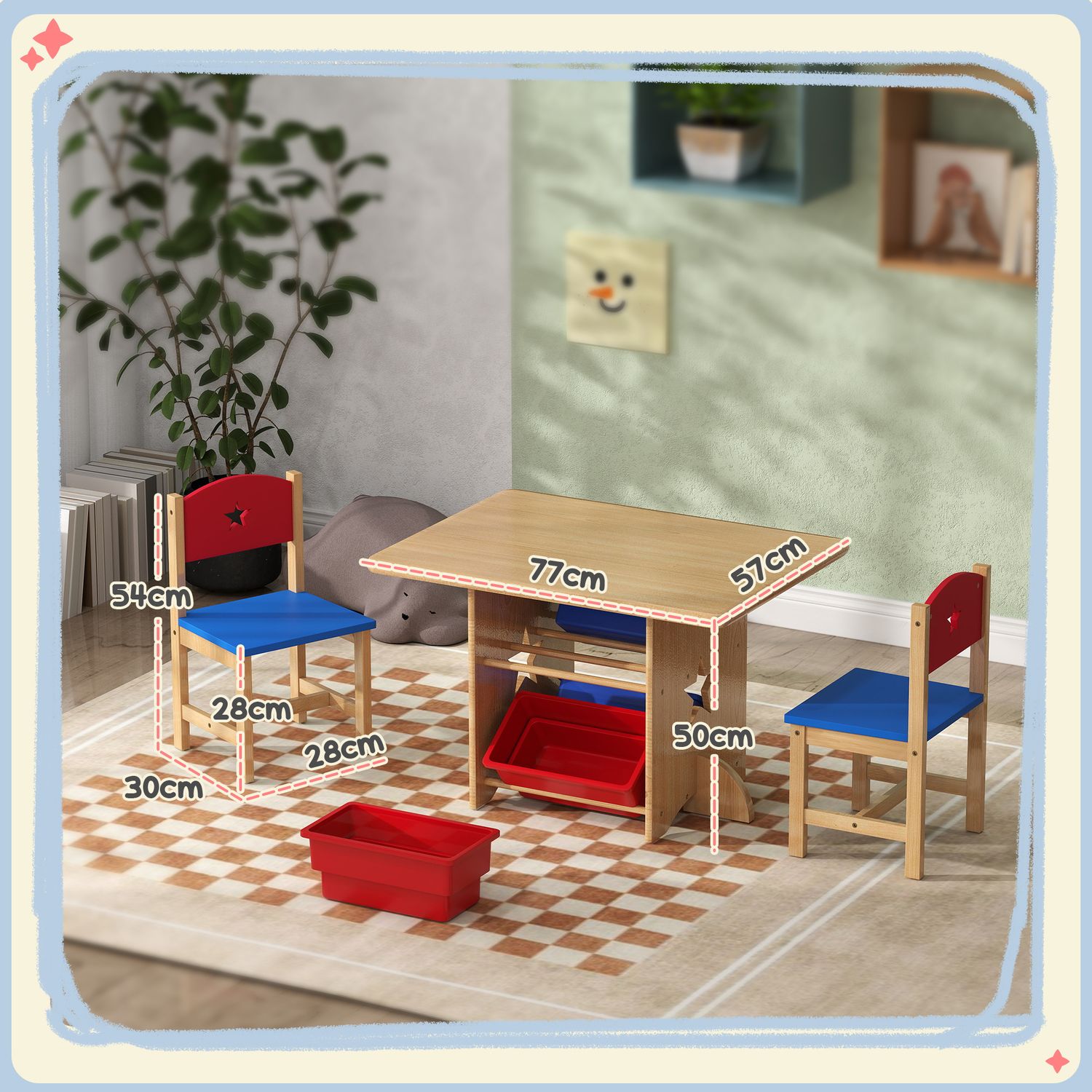 Set tavolo e sedie per bambini 3-7 anni con 2 sedie e tavolo con 4 contenitori, in legno e pp, color legno - 