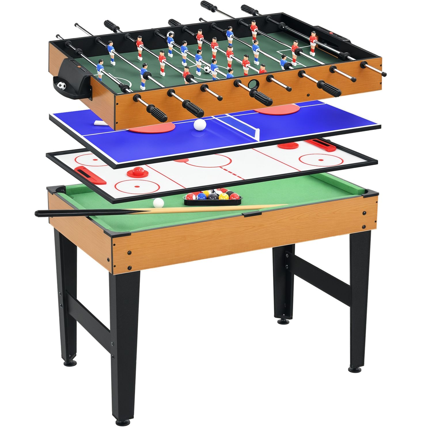 Tavolo multigioco 4 in 1 con calcio balilla, biliardo, ping pong e hockey da tavolo, 107x61x84.5cm - 