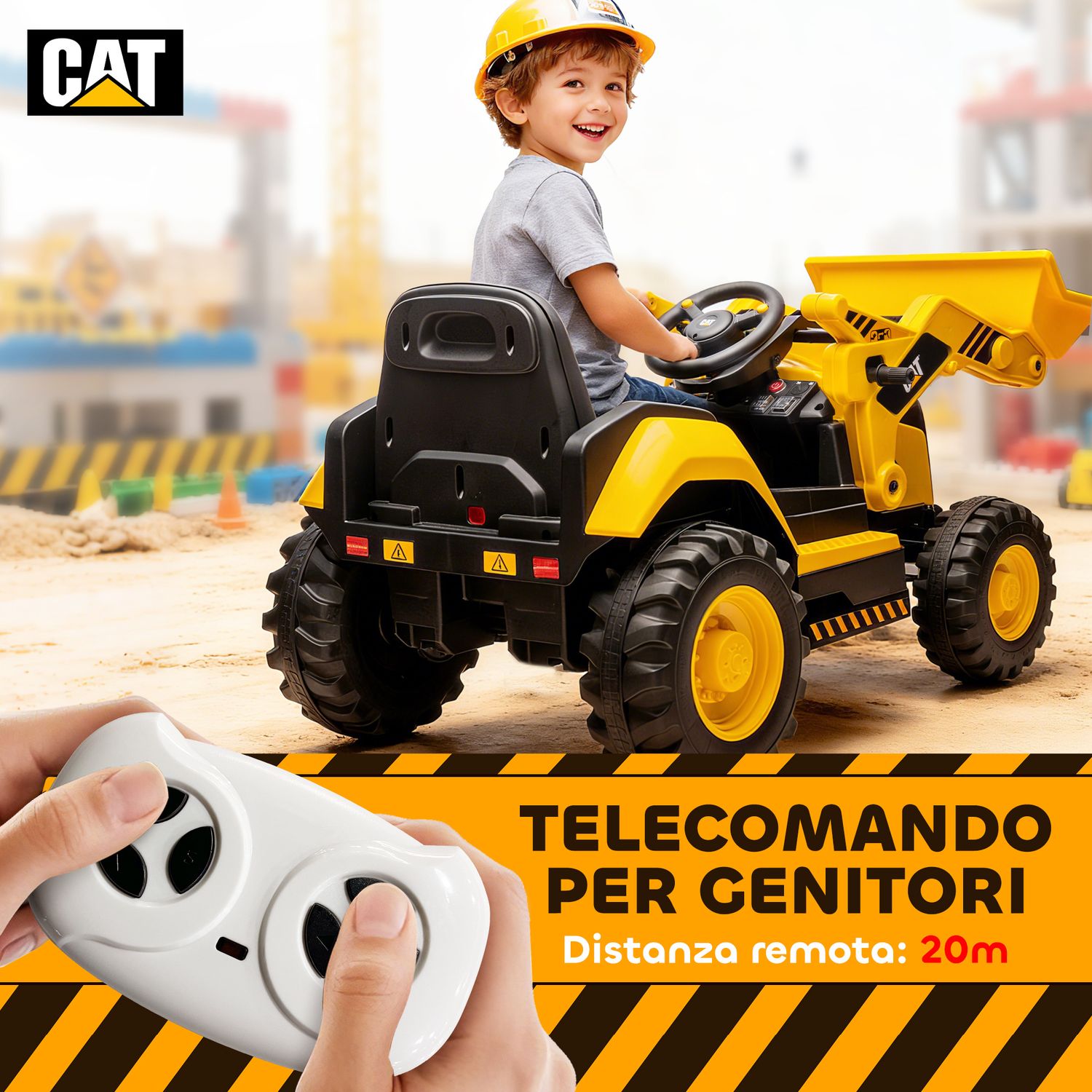 Ruspa elettrica per bambini 3-6 anni marchio ufficiale caterpillar 12v con telecomando, giallo - 